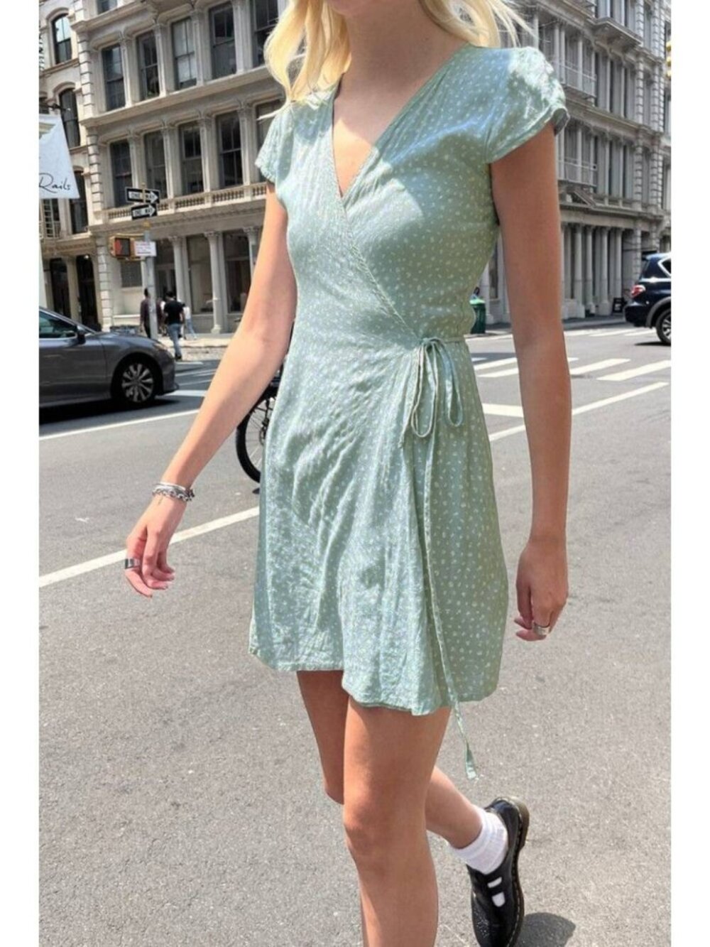 Brandy Melville Robbie Floral Wrap Mini Dress in Olive Green